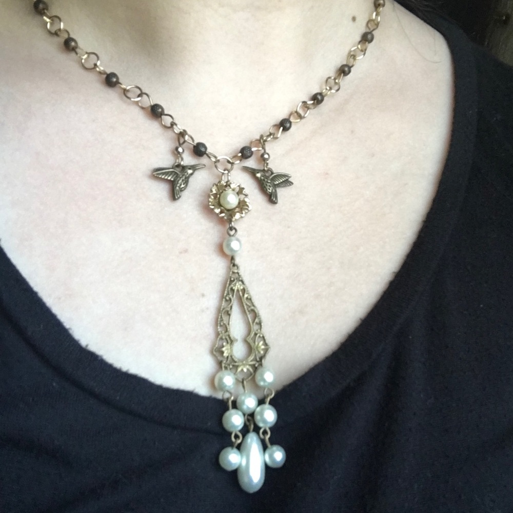 Handmade one of a kind Hummingbird Pearl Necklace